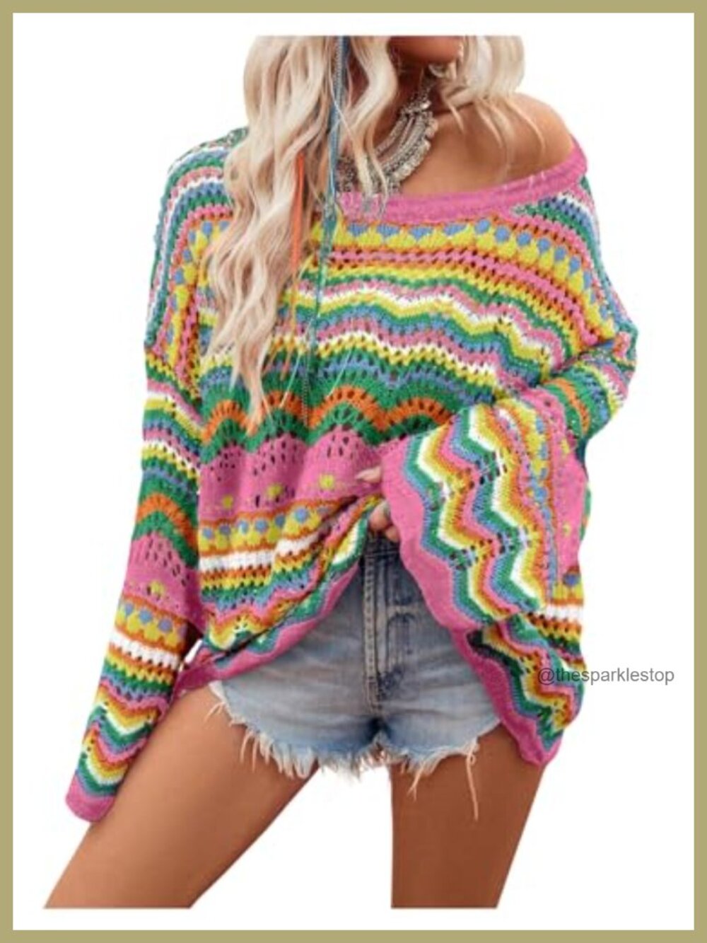 Women's Crochet Open Knit Long Sleeve Oversized Sweater Pullover